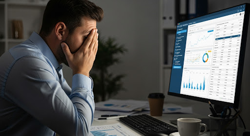 Frustrated startup founder overwhelmed by complex CRM software dashboard