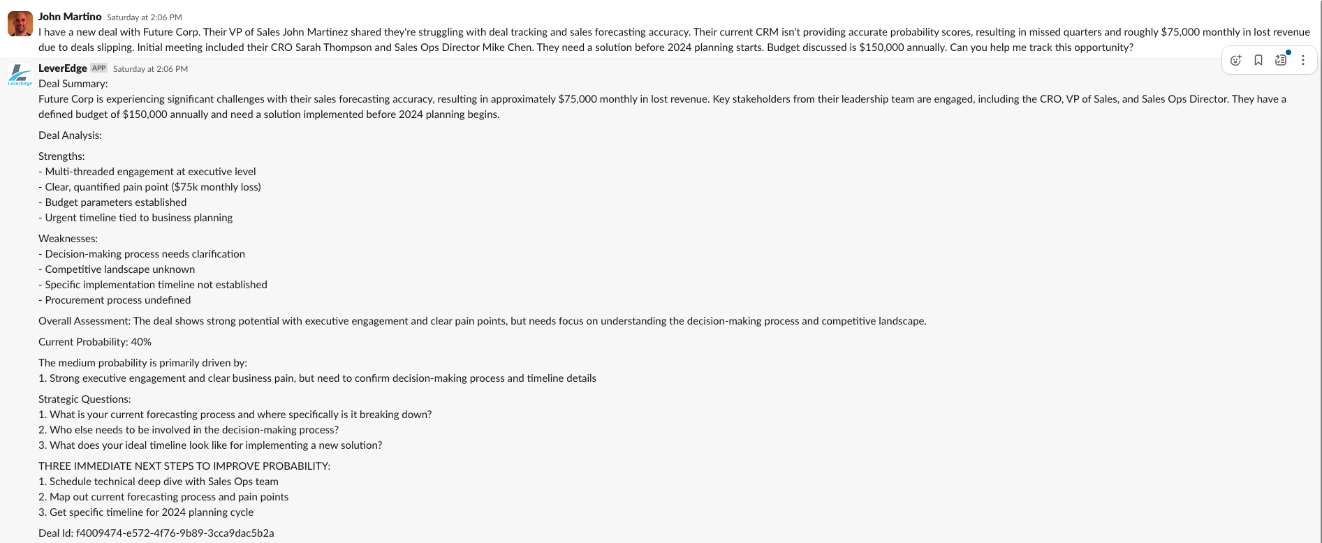 LeverEdge AI Sales Coach analyzing a B2B deal in Slack with real-time coaching recommendations