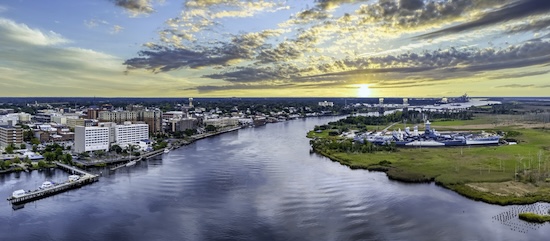 Downtown Wilmington North Carolina Cape Fear River waterfront aerial view showcasing local businesses perfect for social media marketing by LocalEdge-ILM
