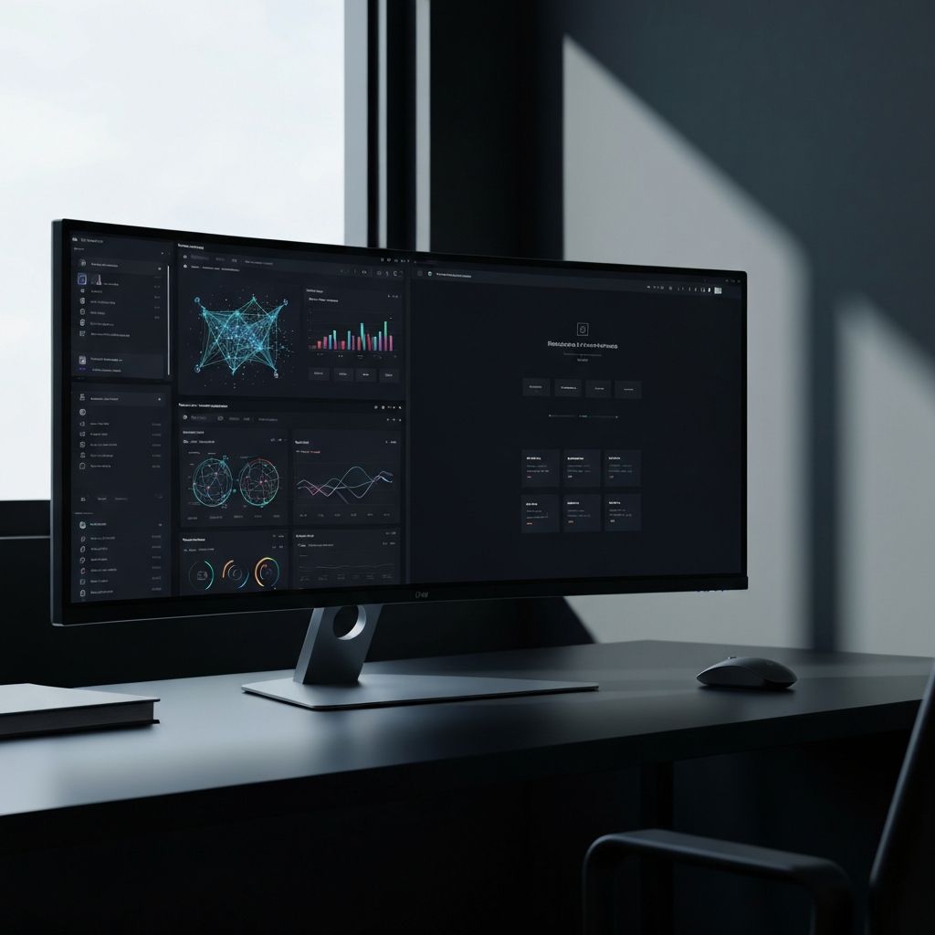 Ultra-wide monitor displaying a complex dark-mode software dashboard and corporate website