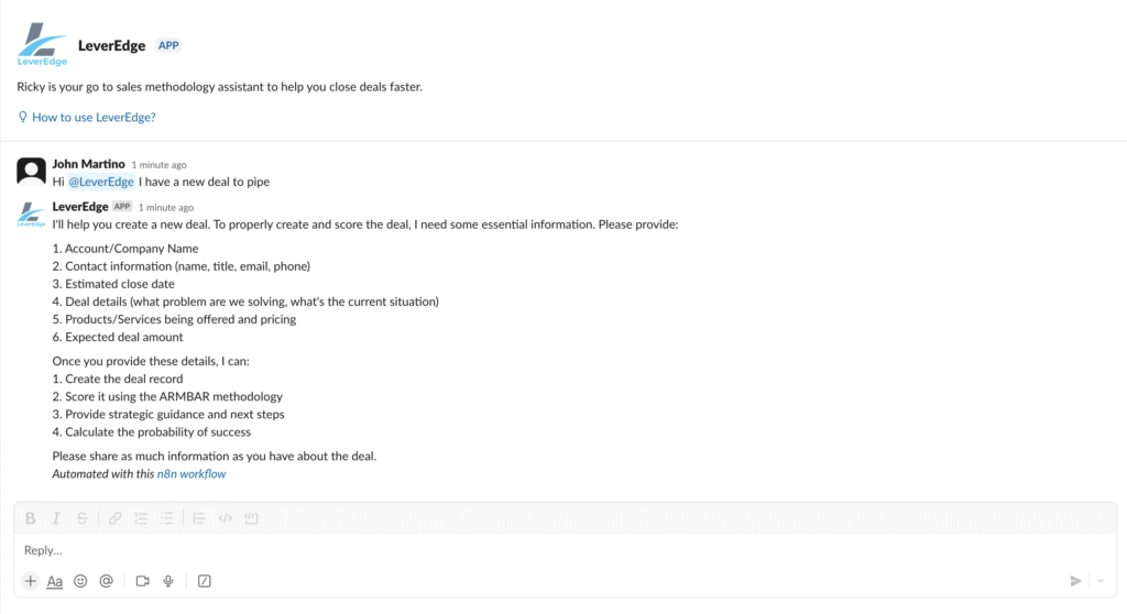 LeverEdge AI sales coach screenshot showing instructions for entering a new deal